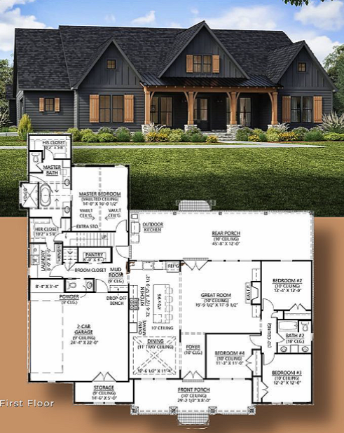 Front view of a large, dark gray, wooden house with multiple gabled roofs and a front porch with wooden support beams. The house is surrounded by a well-maintained lawn and landscaping.
