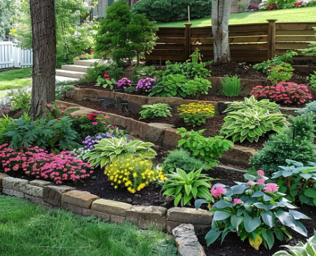 A colorful garden with various flowering plants and shrubs arranged in tiered beds, bordered by stone and brick edging, with trees and a wooden fence in the background.