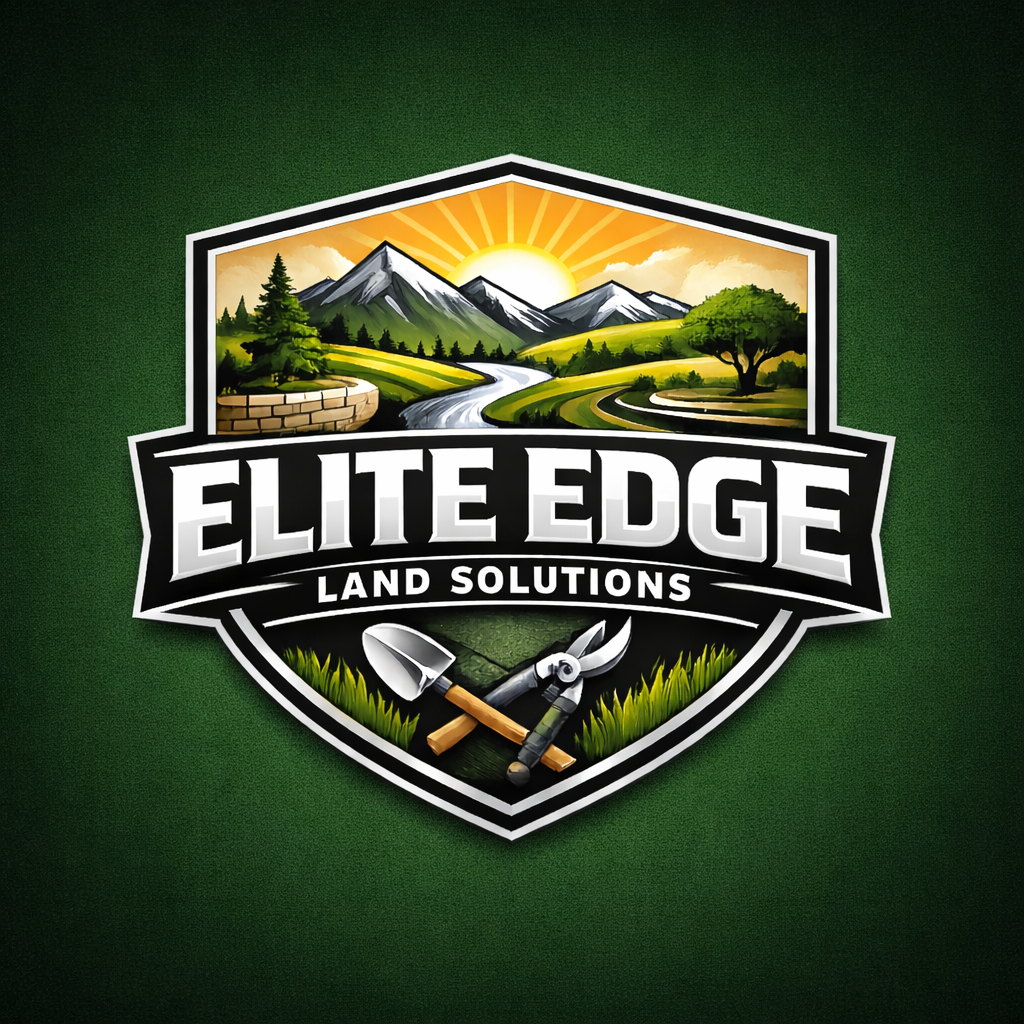 Landscape with mountains, trees, river, and sun, overlaid with a badge featuring the text "Elite Edge Land Solutions," a shovel, and pruning shears.