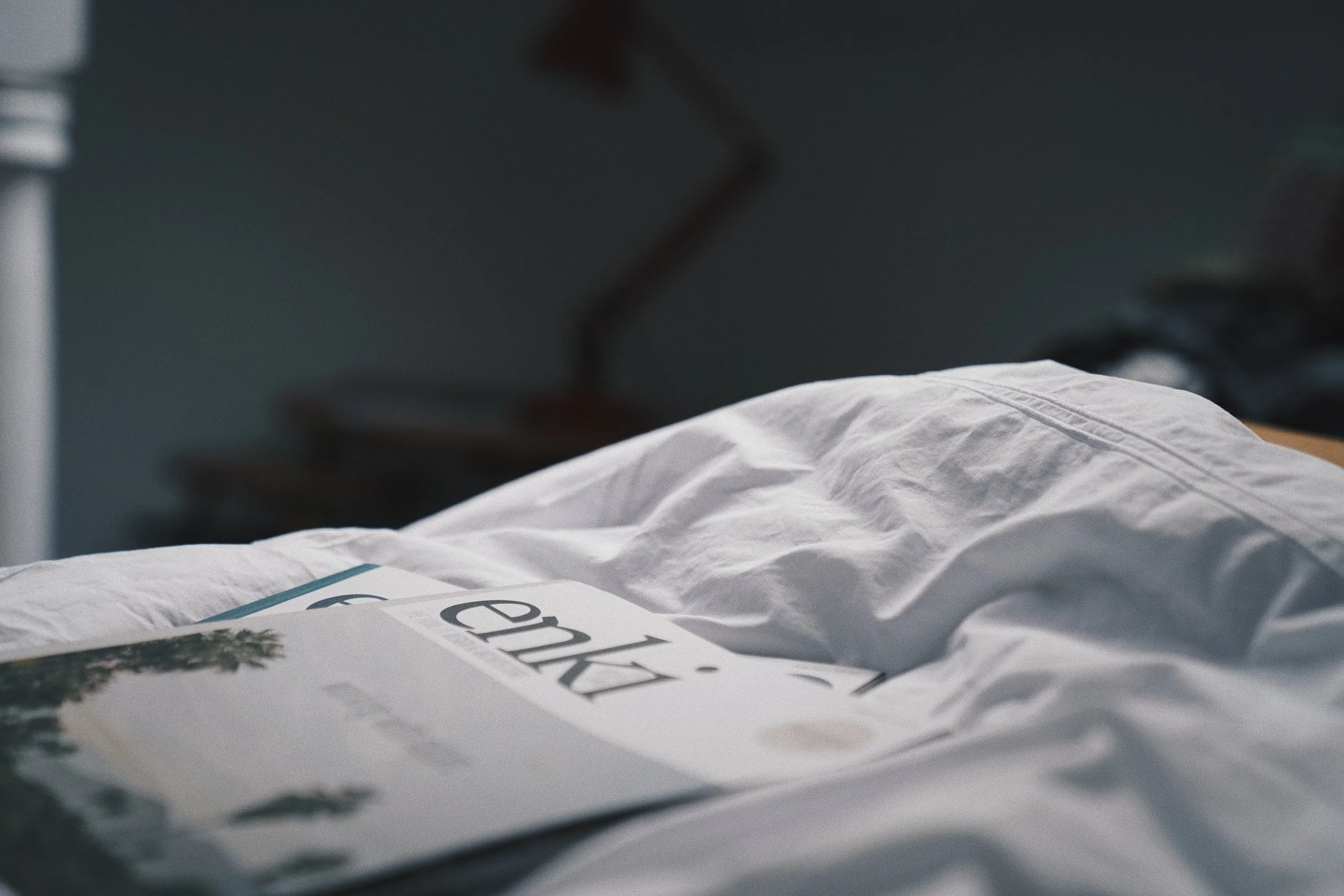 Close-up of a crumpled piece of paper with partially visible text, resting on a surface with a pillow and blurred background.