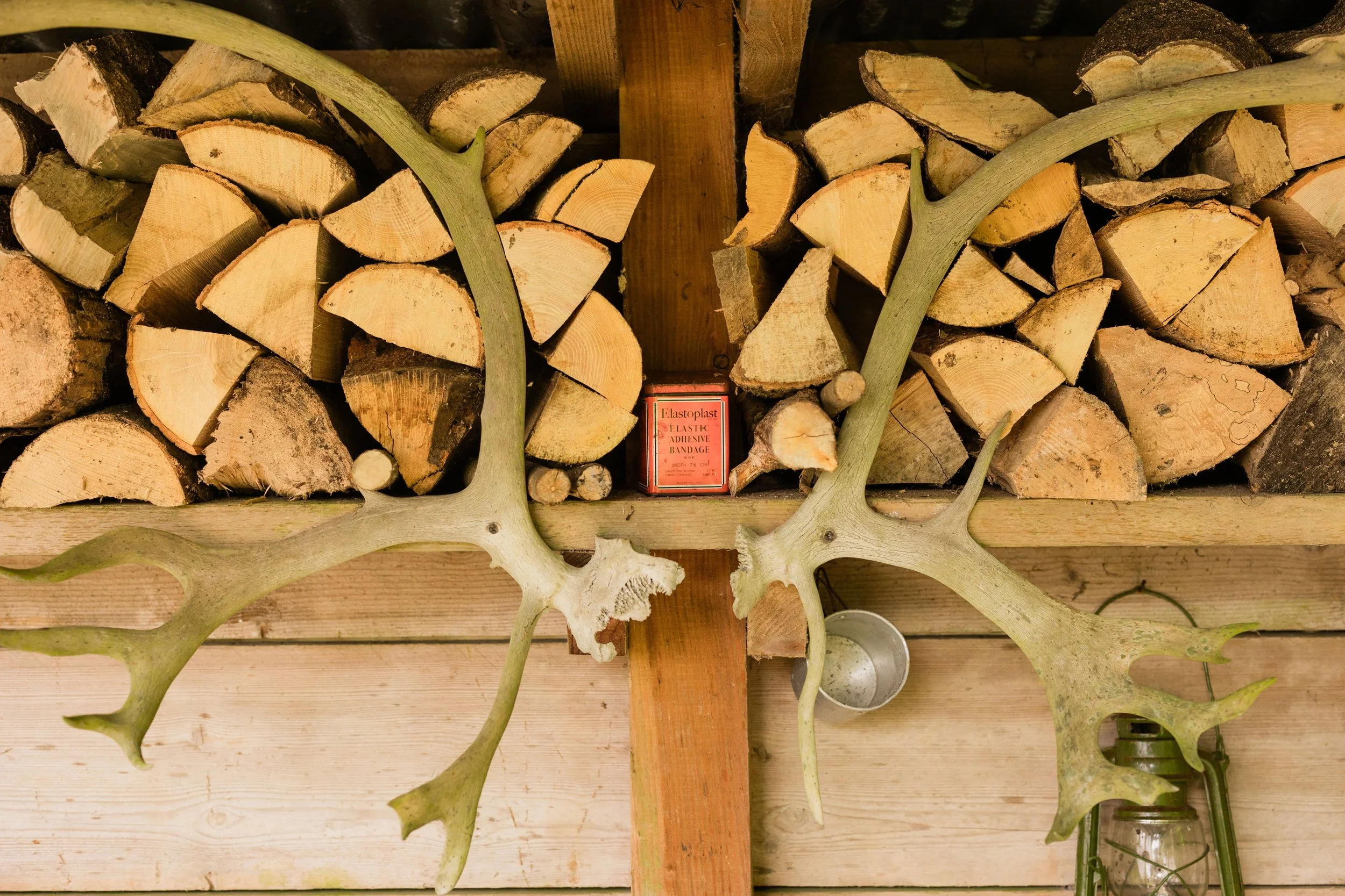 Stacked firewood with a small bottle of adhesive labeled 'Elastoplast' in the center, and some antlers and metal cups around it.