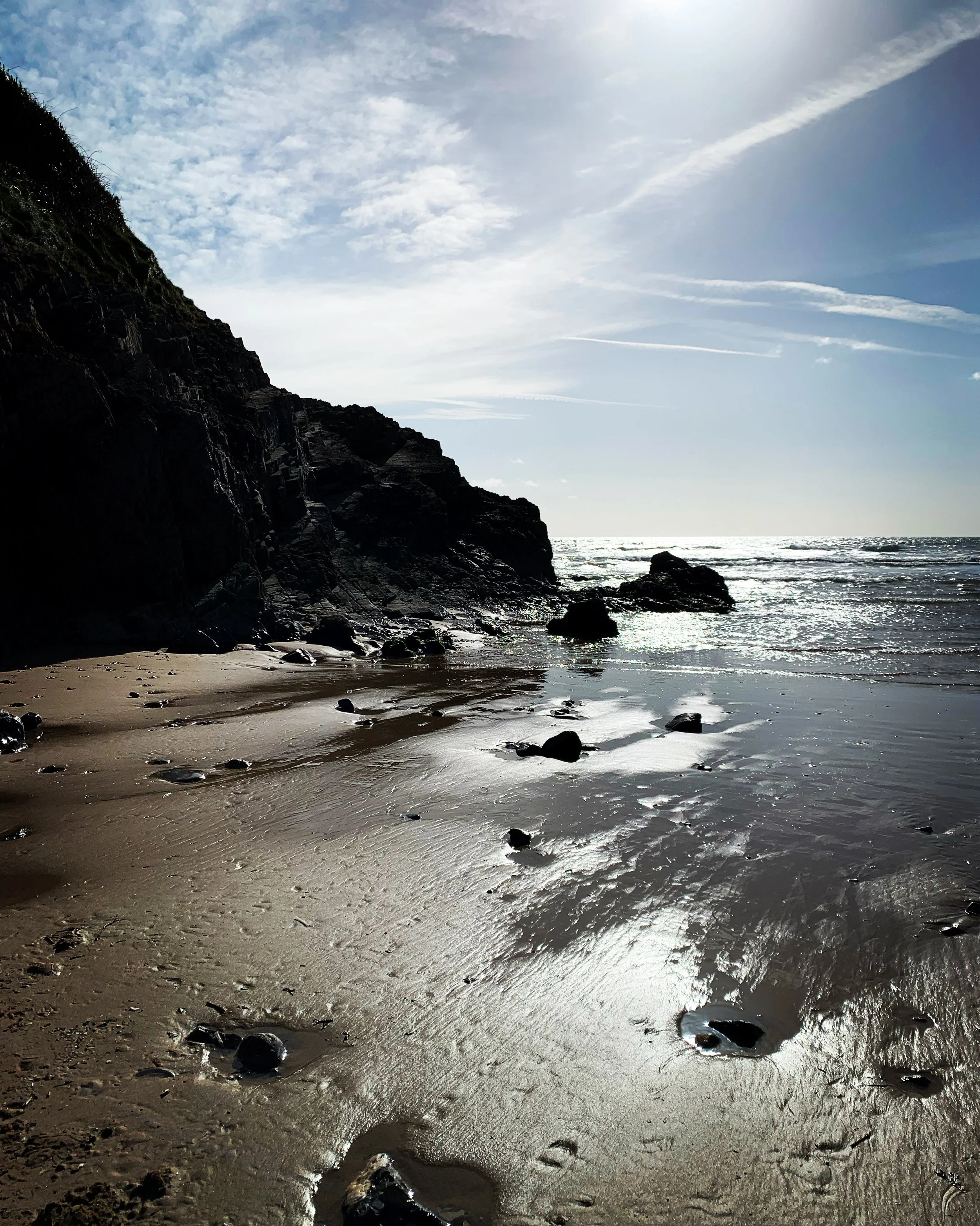 A rocky beach with footprints and wet sand, a cliff on the left side, and the ocean with waves in the background under a cloudy sky.