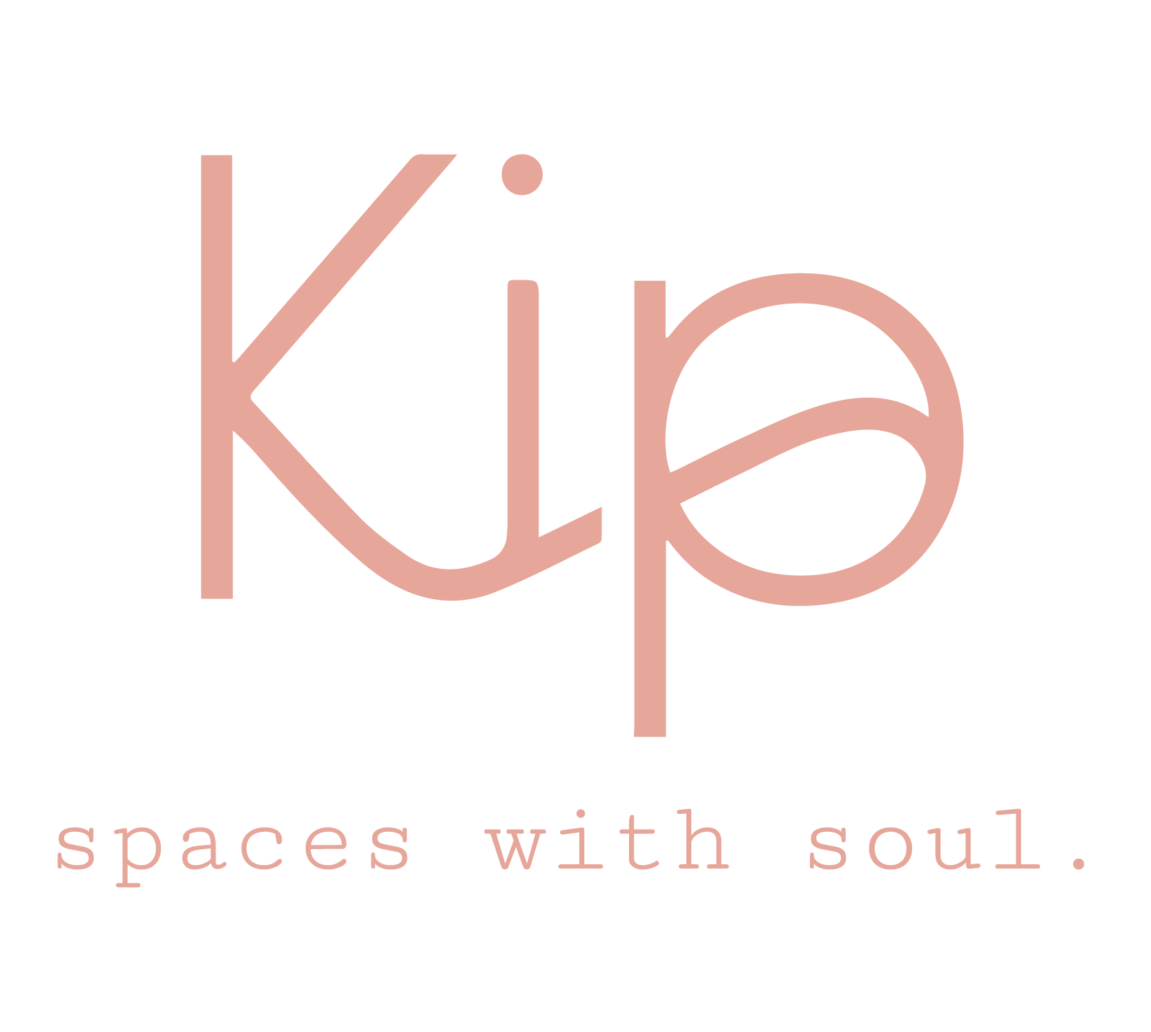 Logo with the words "Kip" in large, stylized pink font, with the tagline "spaces with soul" below in smaller pink letters.