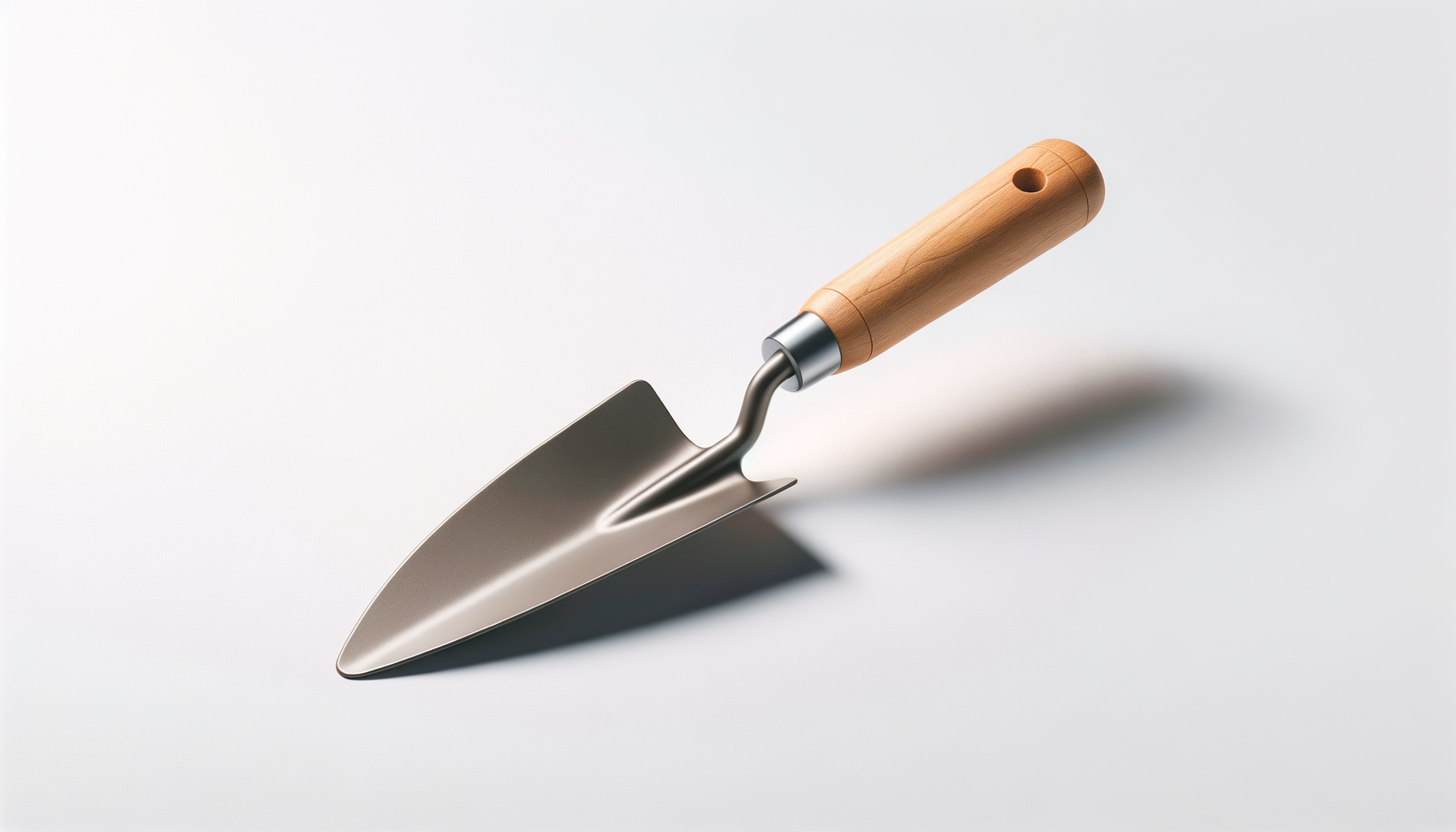 A small gardening trowel with a wooden handle and a metal blade placed on a white surface.