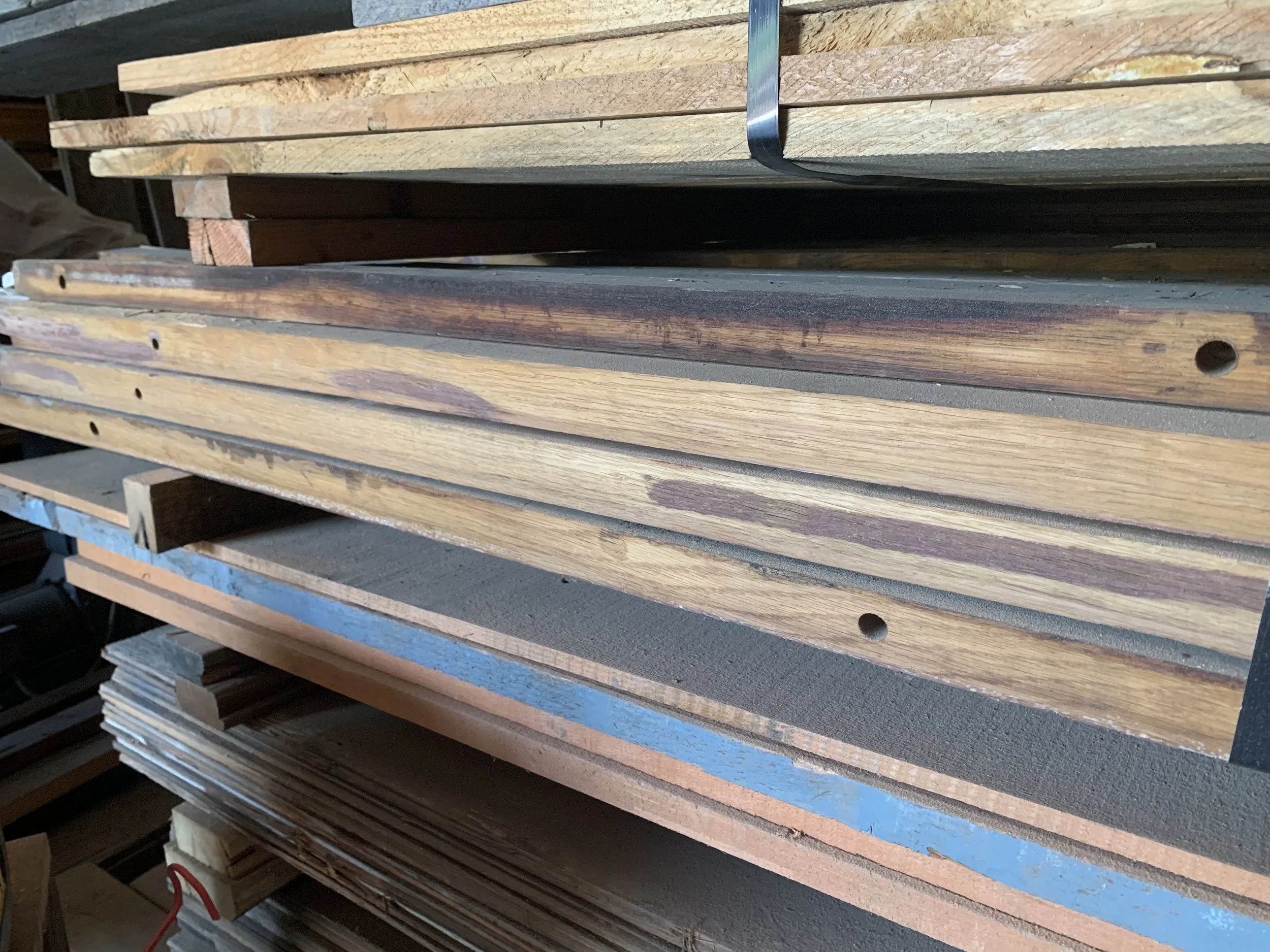 Oak wine tank staves showing purple staining