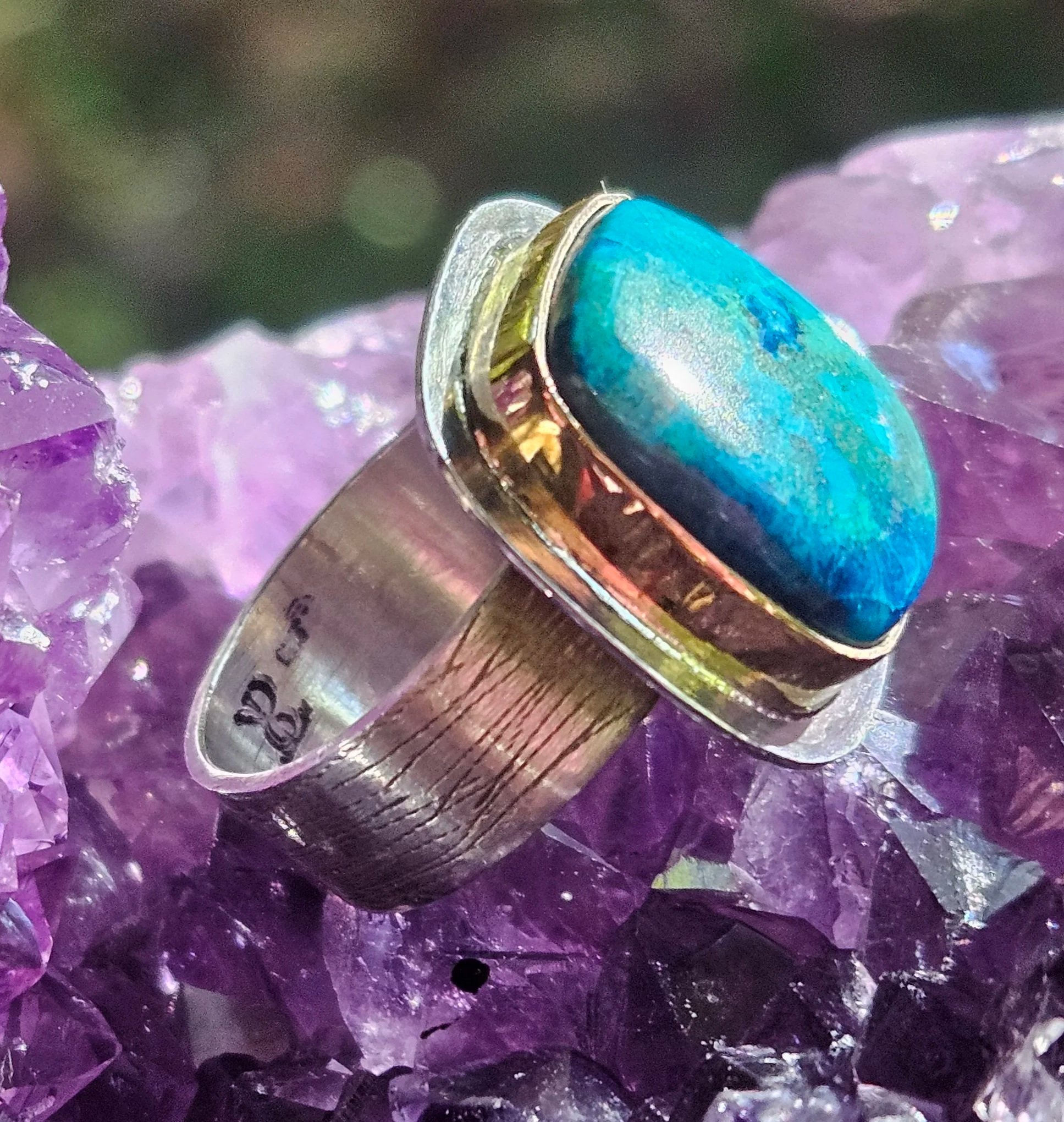 Goddess Stone Chrysocolla Set in 14K Gold Fill on a .925 Sterling Silver Etched Birch Band