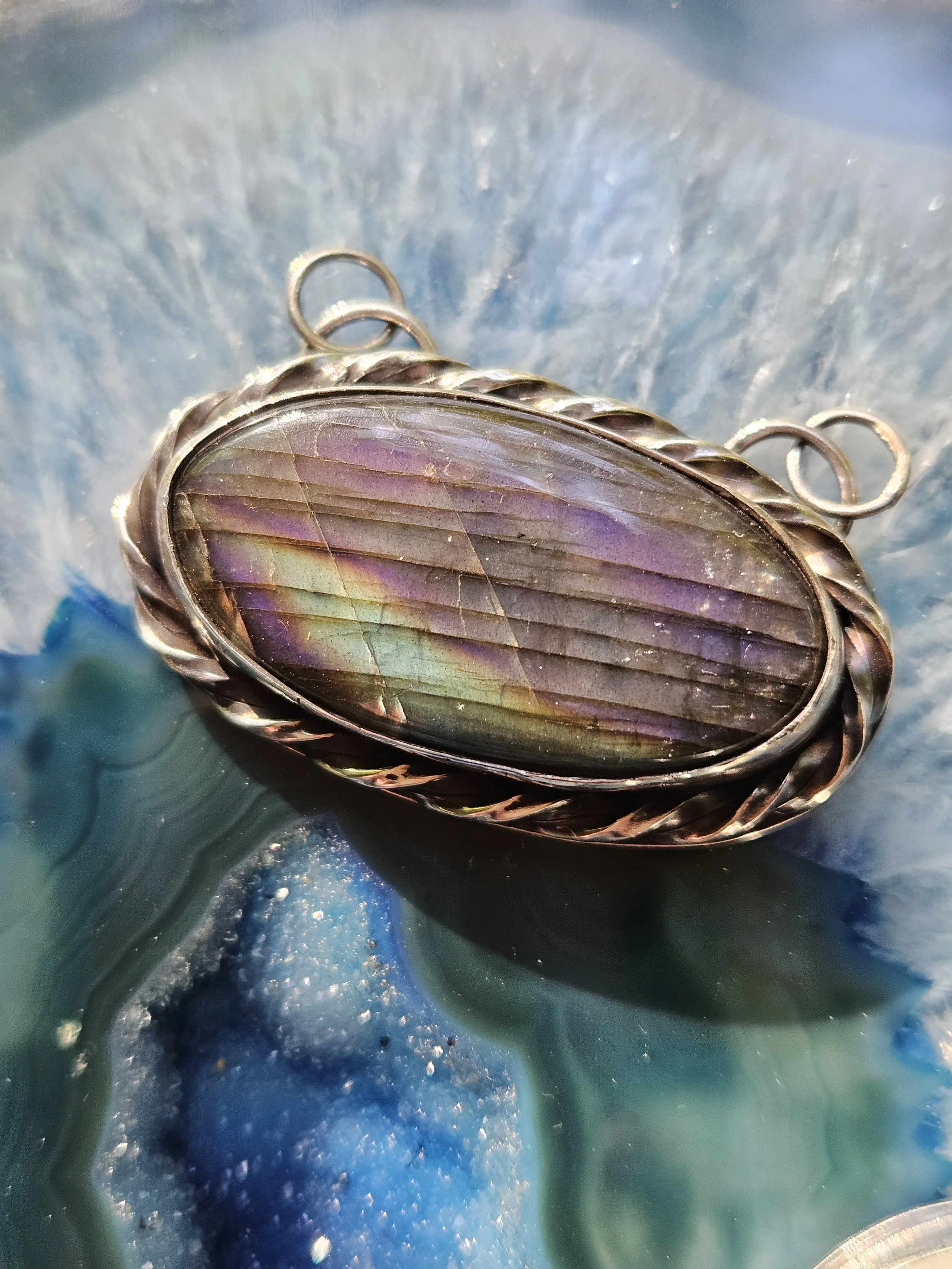 Mystical Purple Flash Labradorite Double Bailed Pendant in .925 Sterling Silver