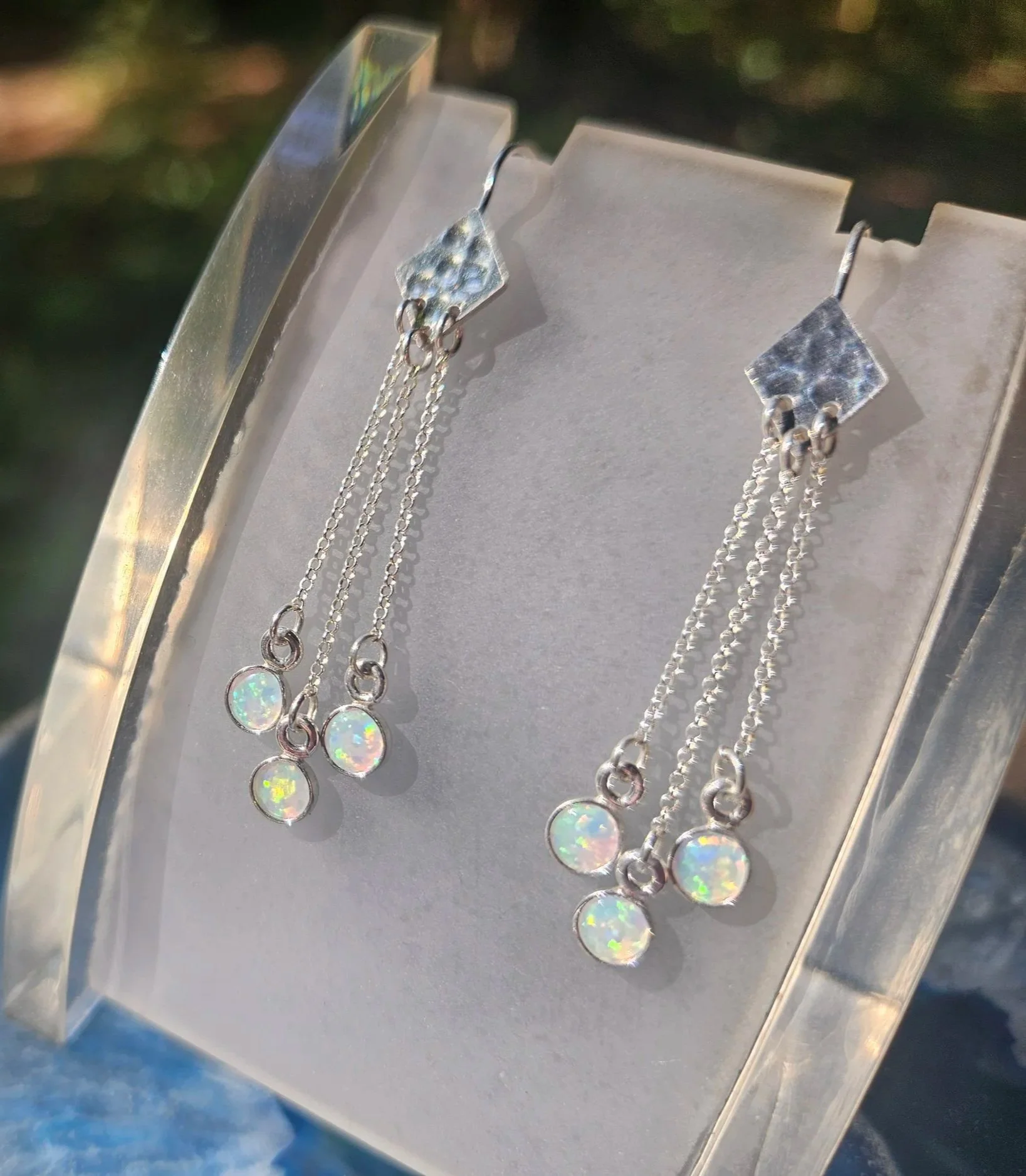 Hammered Silver Diamond Cascading with White Opal Drops in .925 Sterling Silver