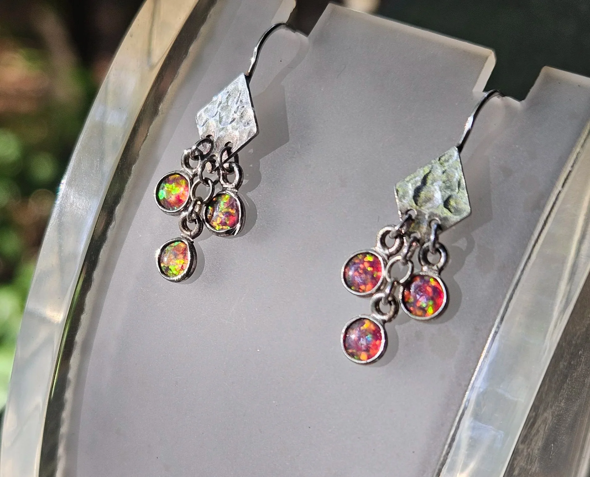 Hammered Silver Diamond Dangles with Fire Opal Drops in .925 Sterling Silver