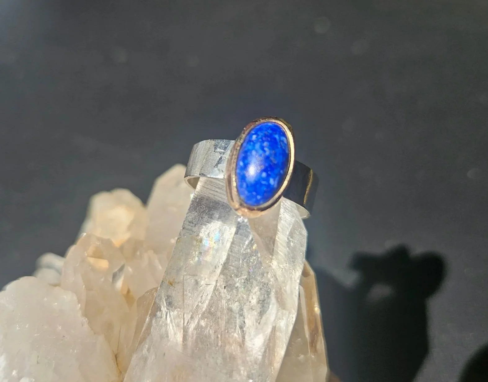 Lapis Lazuli Set in 14K Gold Fill on a .925 Hammered Sterling Silver Band