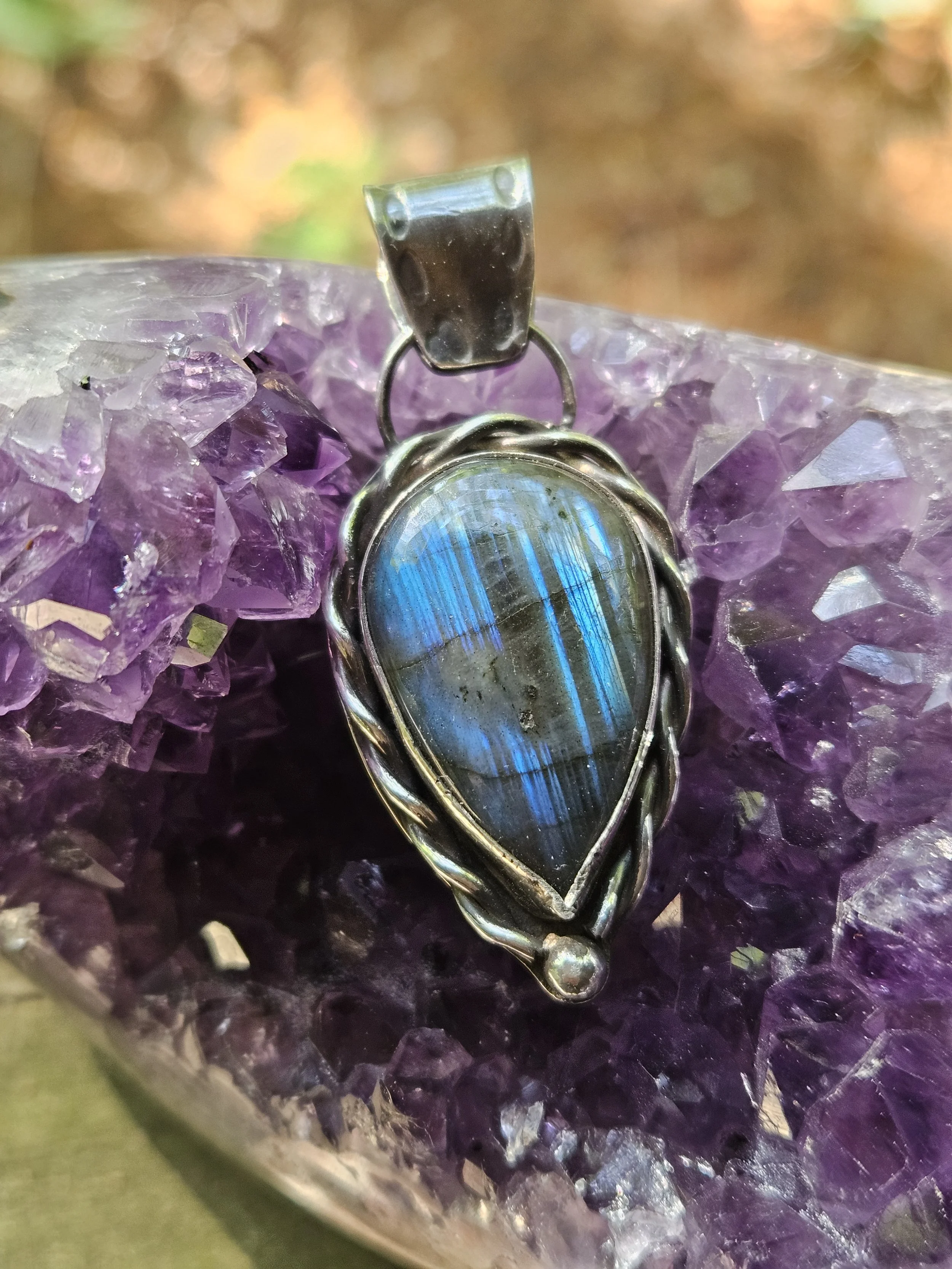 Deep Elven Blue Labradorite Teardrop Pendant Set in .925 Sterling Silver with Hand stamped Bail
