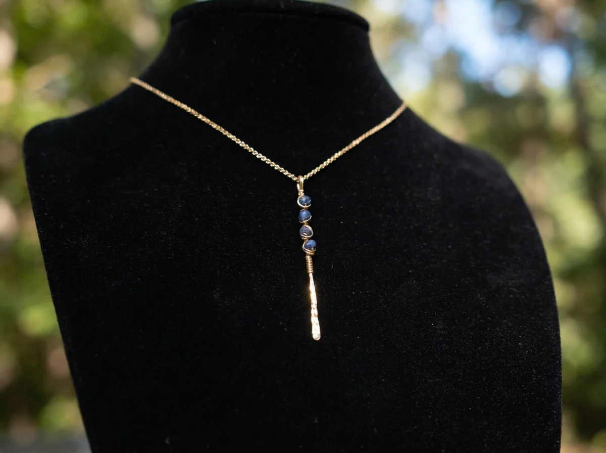 Dainty Blue Sapphires Wrapped on Hammered Bar Necklace in 14k Gold Fill