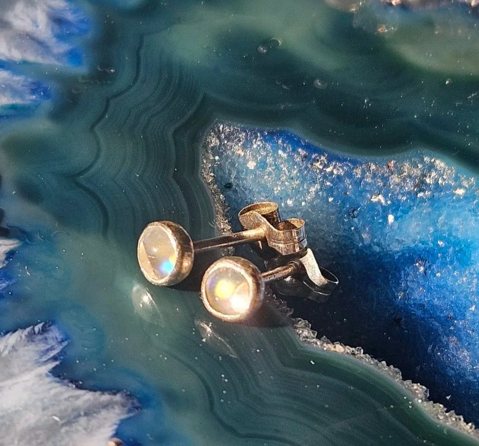 Small Rainbow Moonstone Studs Set in .925 Sterling Silver