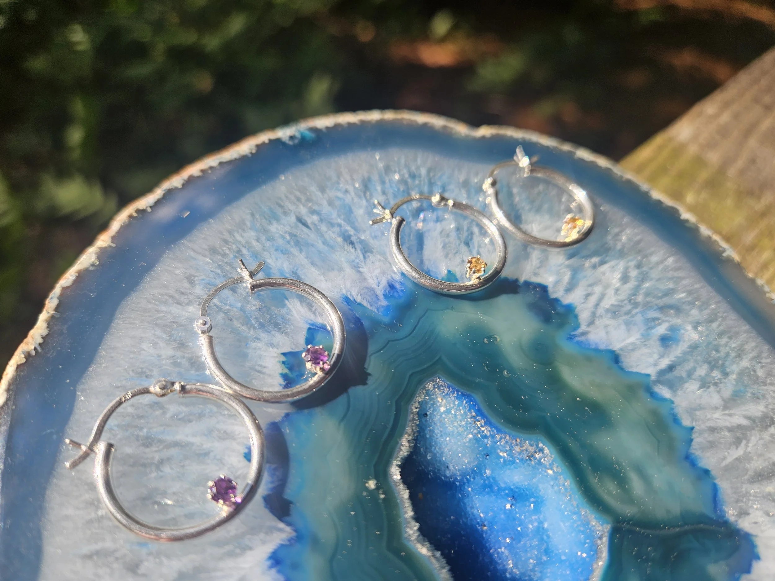 Faceted Amethyst or Citrine Set in .925 Sterling Silver Hoops