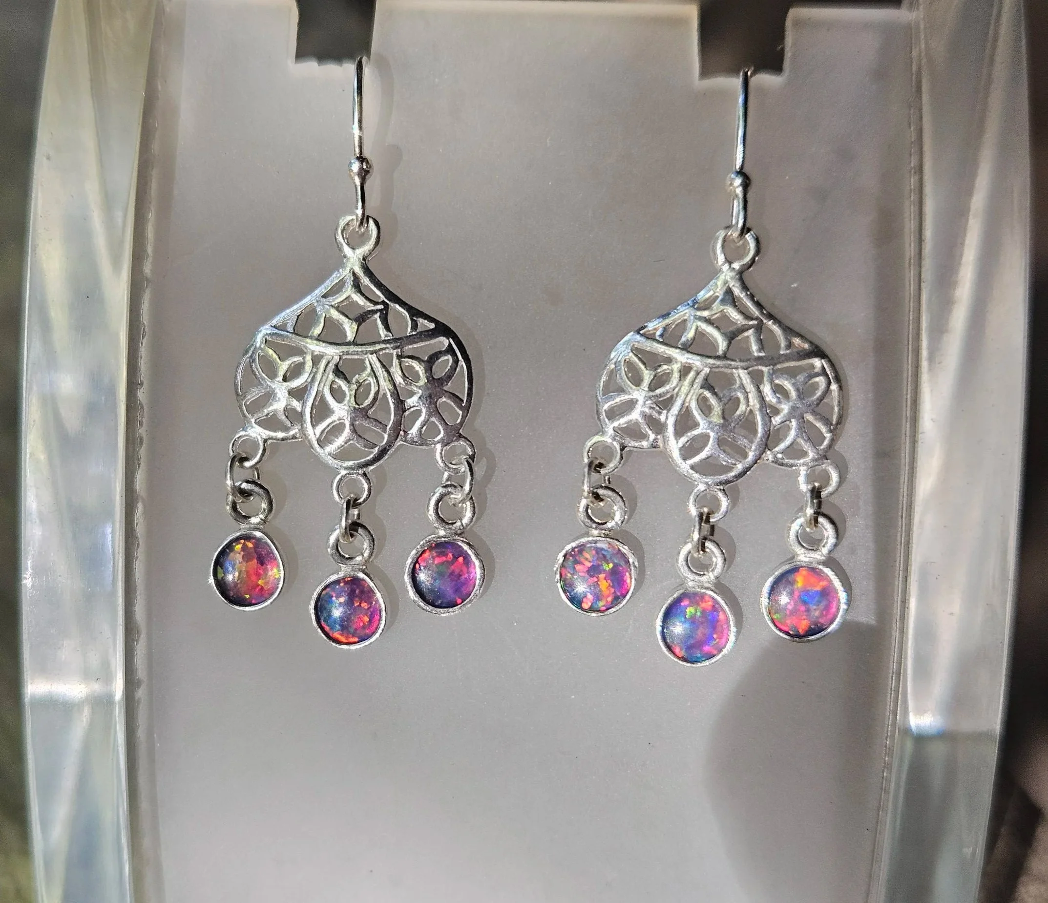 Filigree Dangles with Fire Opal Drops in .925 Sterling Silver
