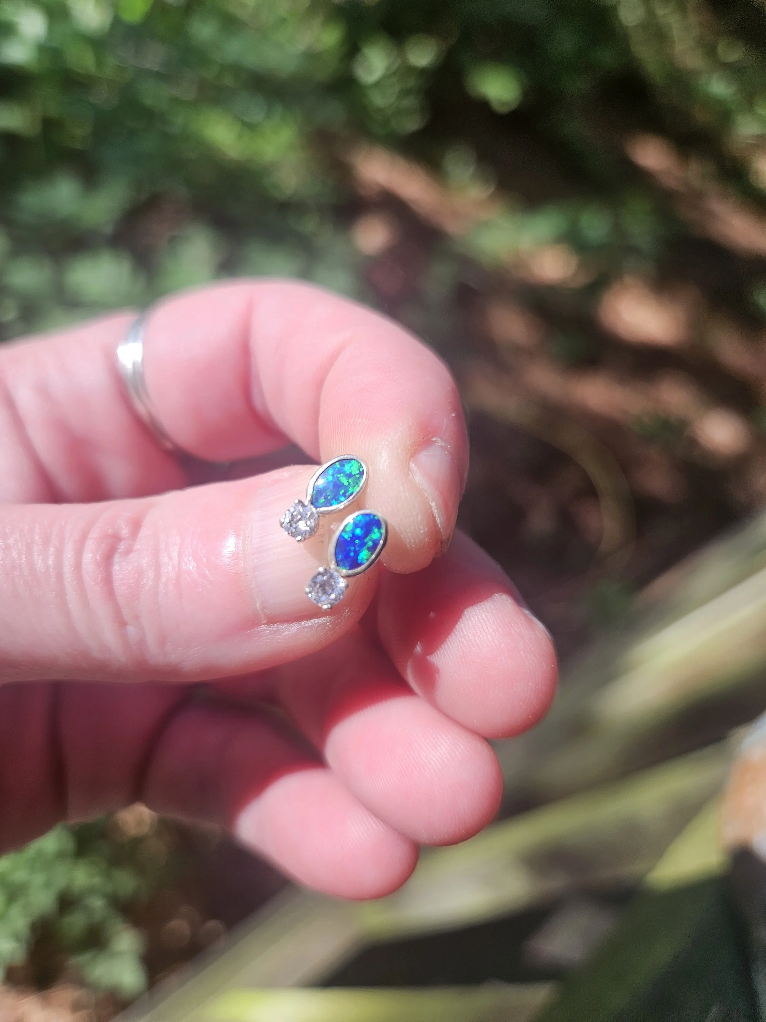 Small Blue Opal Studs With White Spinel Set in .925 Sterling Silver