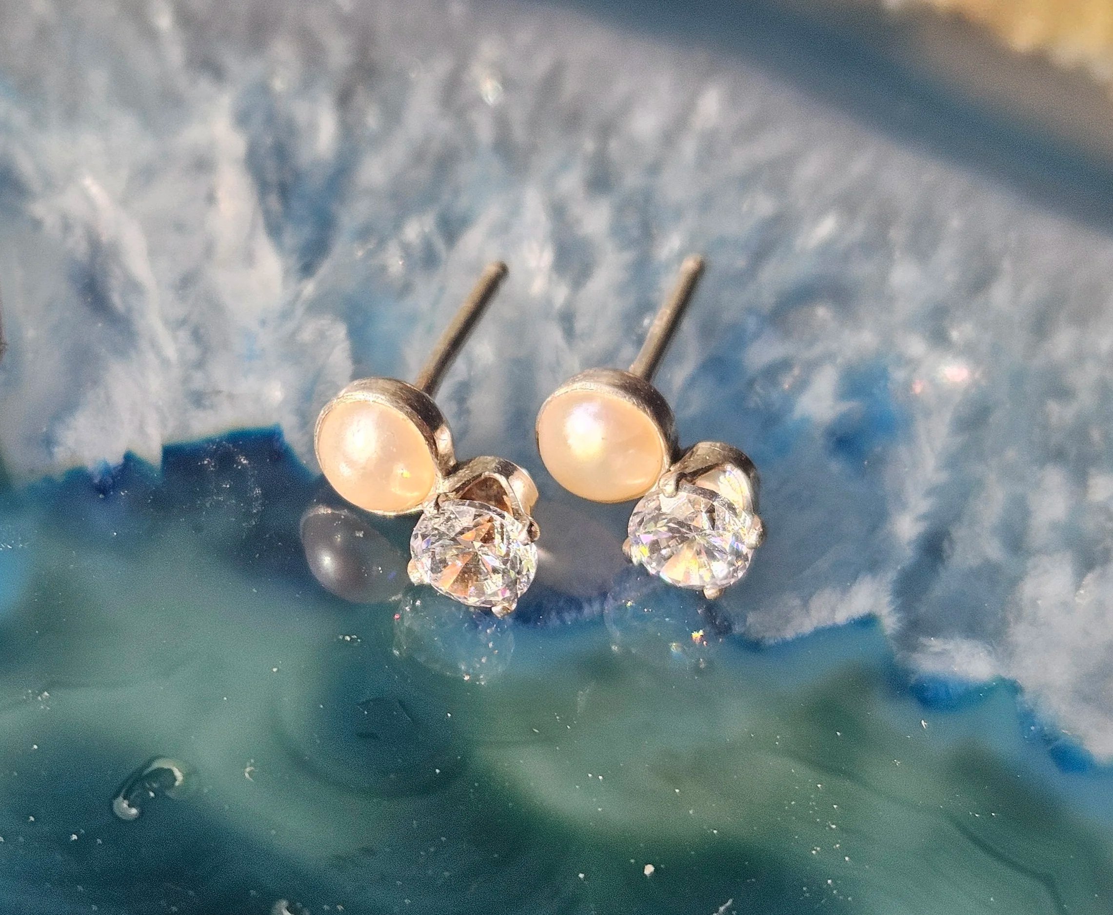 Small White Freshwater Pearl Studs With White Spinel Set in .925 Sterling Silver