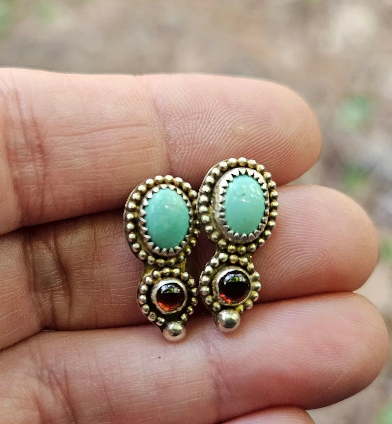 Small #8 Turquoise With Almandine Garnet Set in .925 Sterling Silver Studs