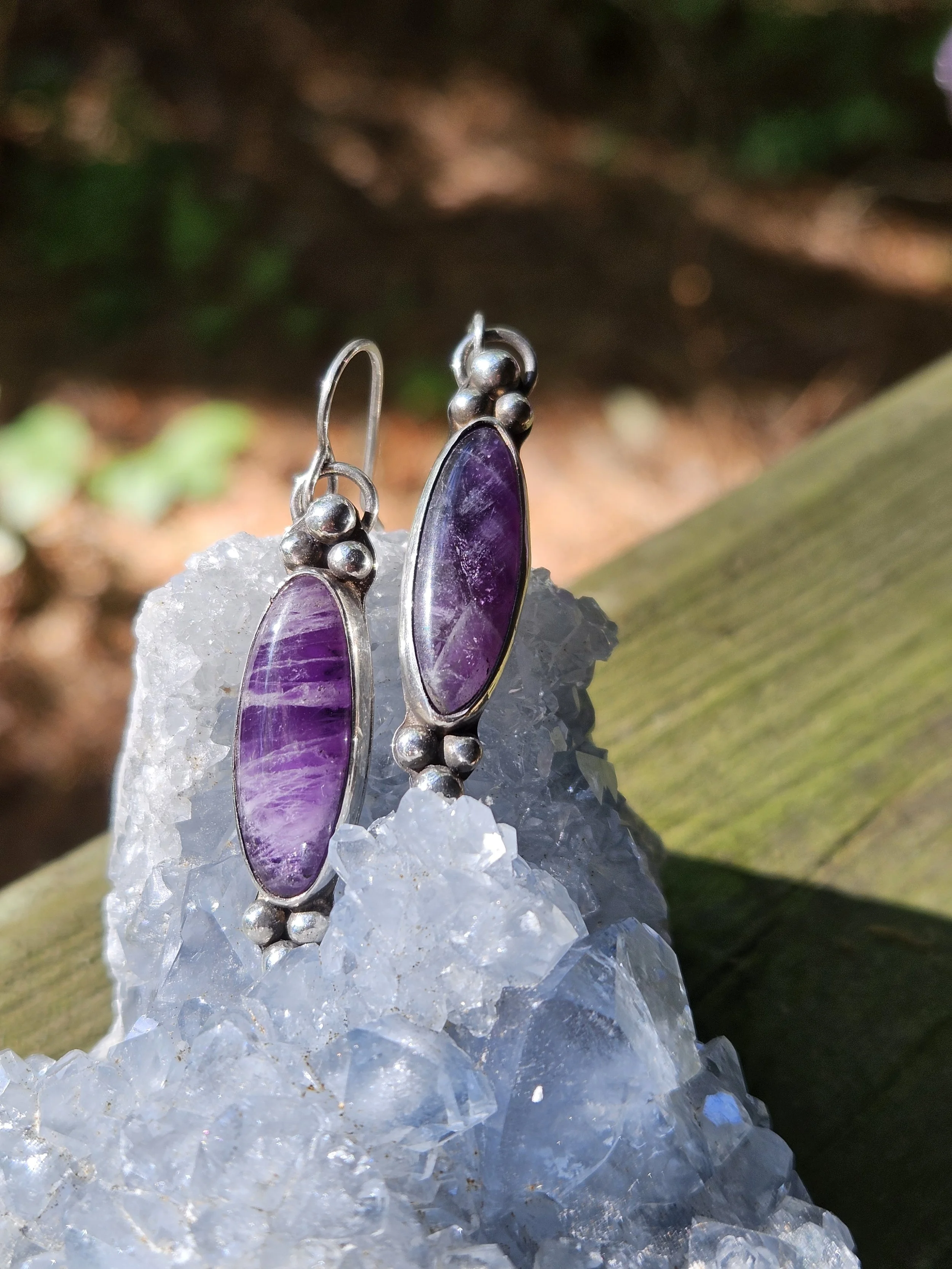 Chevron Amethyst Long Oval Drop .925 Sterling Silver Earrings