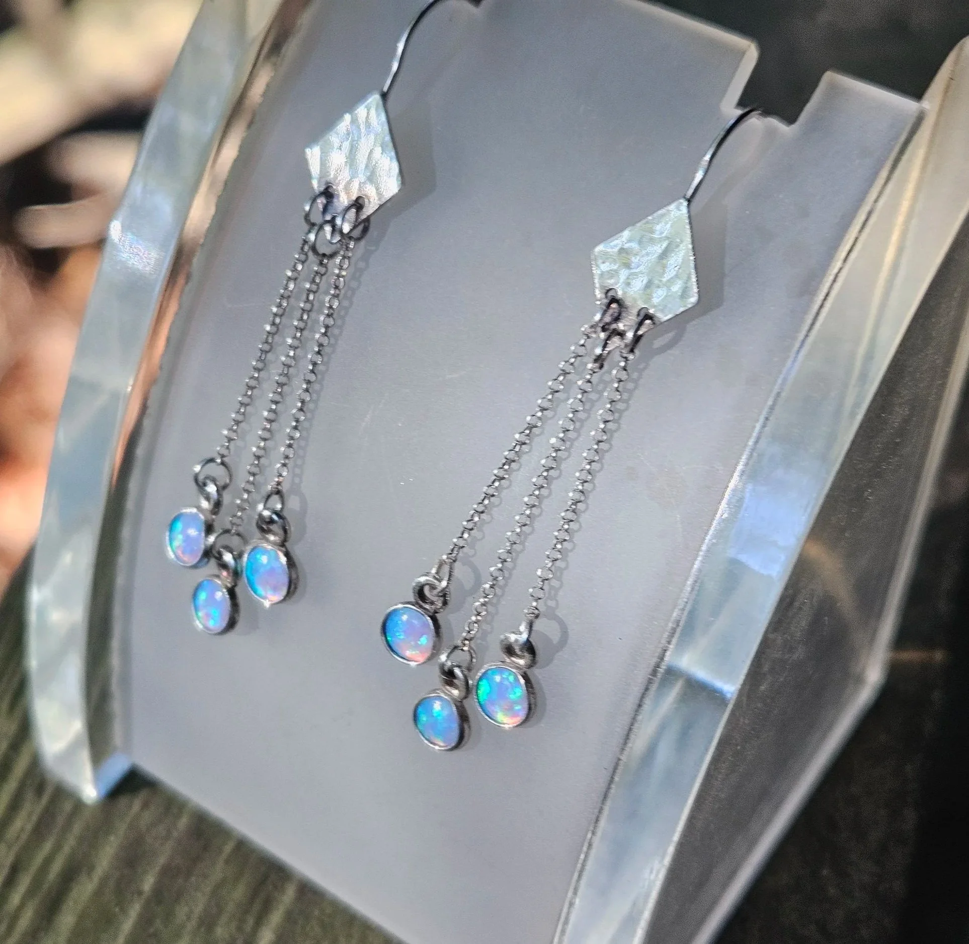 Hammered Silver Diamond Cascading with Light Blue Opal Drops in .925 Sterling Silver