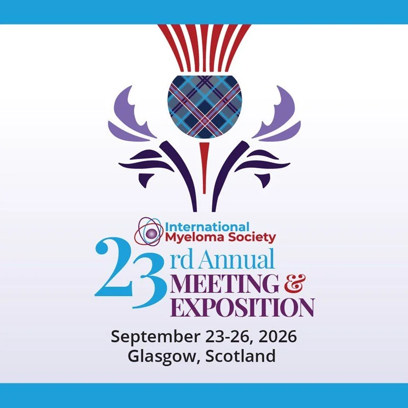Logo and information for the 23rd Annual Meeting and Exposition of the International Myeloma Society, held September 23-26, 2026, in Glasgow, Scotland. The logo features a tartan pattern and abstract designs, with text in various colors.