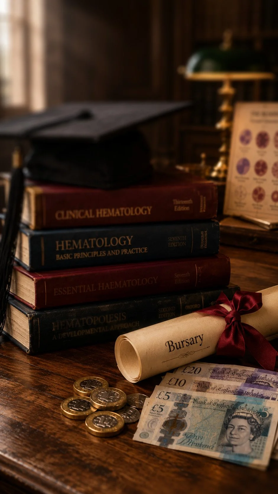A stack of medical textbooks on hematology, a rolled parchment labeled 'Bursary' tied with a red ribbon, British currency, and coins on a wooden desk, with a lamp and a chart in the background.