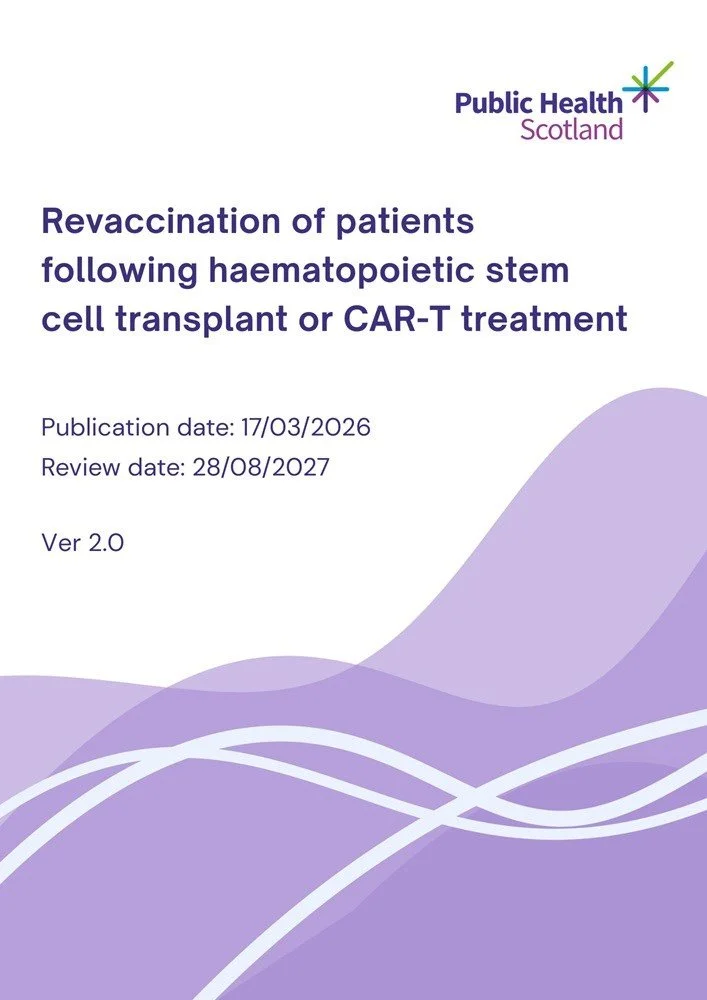 Cover page of a publication from Public Health Scotland titled 'Revaccination of patients following haematopoietic stem cell transplant or CAR-T treatment,' dated March 17, 2026, review date August 28, 2027, version 2.0, with a purple wave design at the bottom.