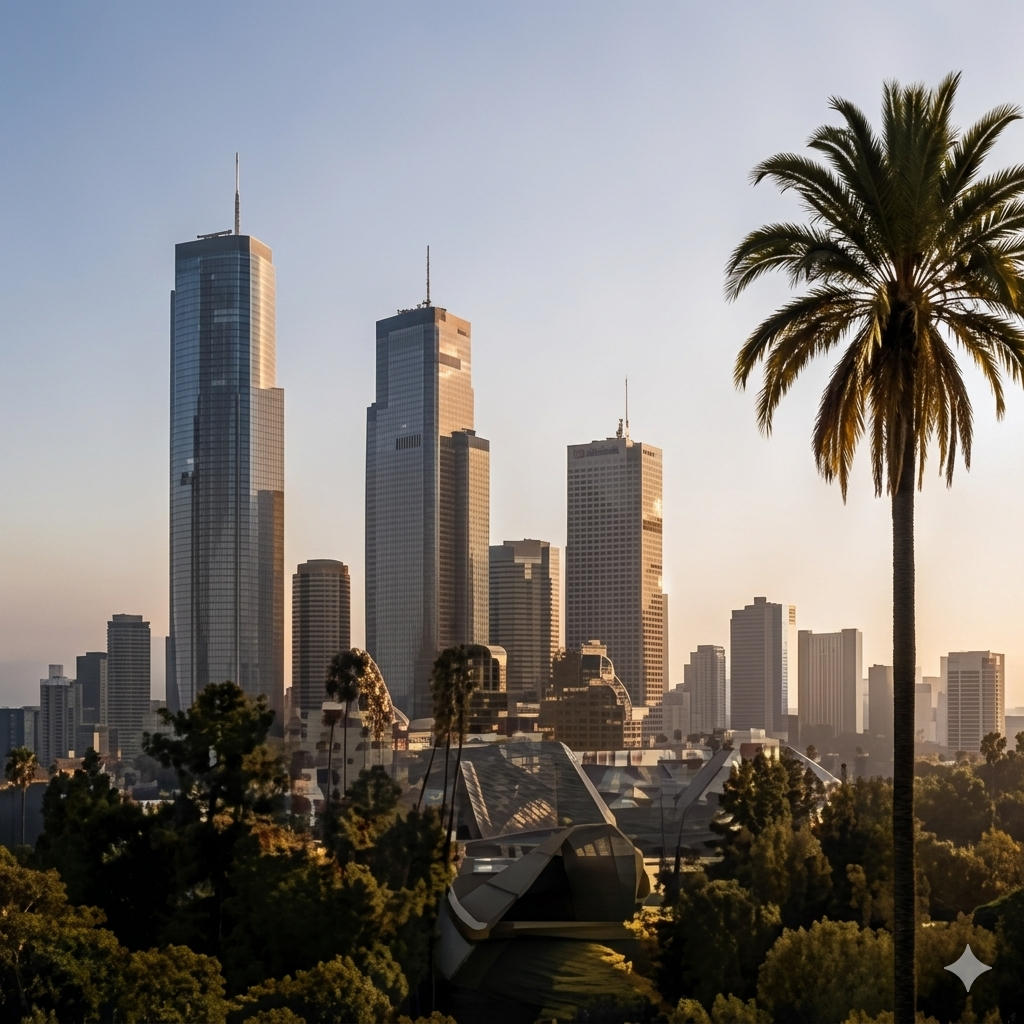 Los Angeles skyline with tall skyscrapers, including the US Bank Tower, and a large palm tree in the foreground during sunset.