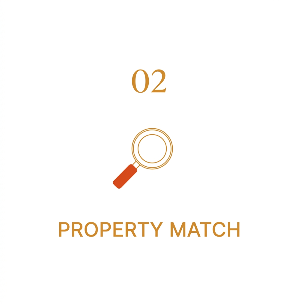 A graphic with the number 02, a magnifying glass icon, and the words 'PROPERTY MATCH' in brown text.