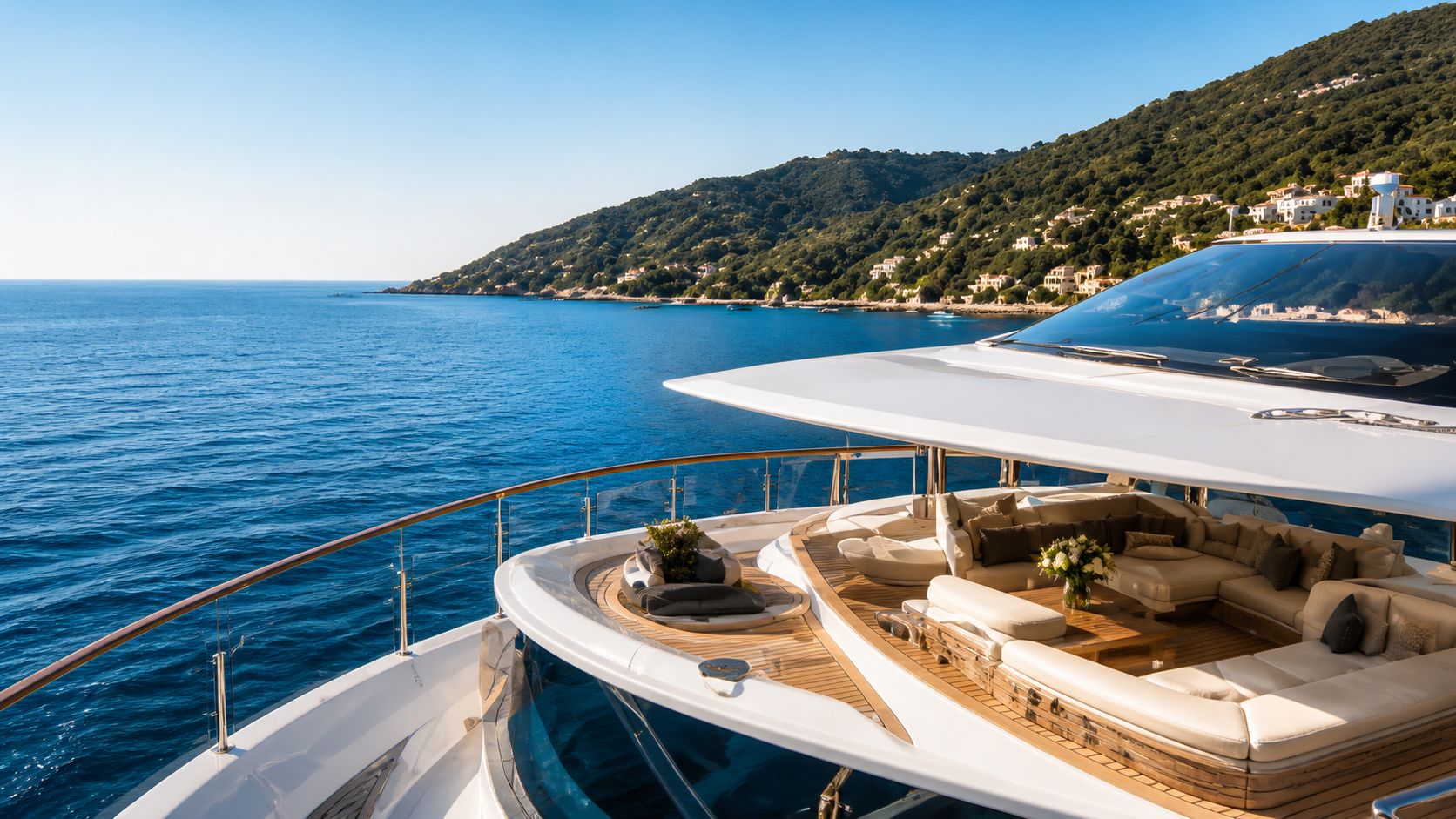 View of a luxury yacht with a spacious outdoor seating area, overlooking the ocean and a lush hillside with houses.