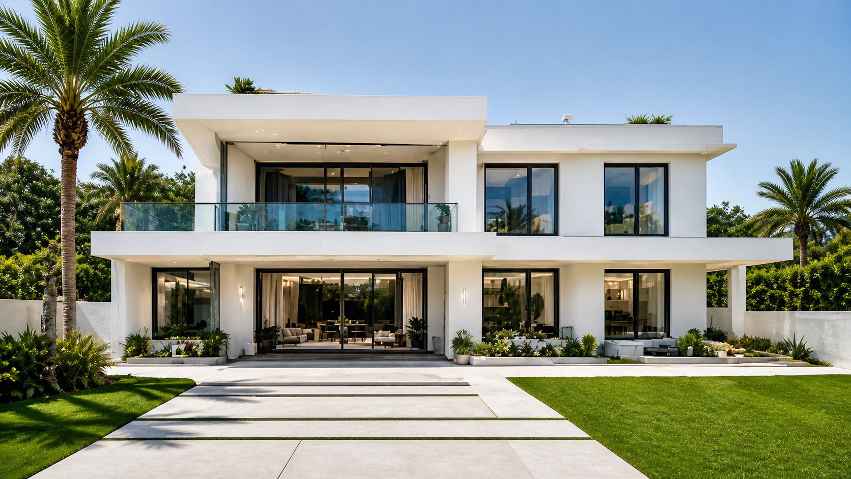 Modern white two-story house with large glass windows, a spacious front yard with green grass, trees, and outdoor furniture
