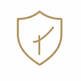 A shield with a watch or clock symbol inside.