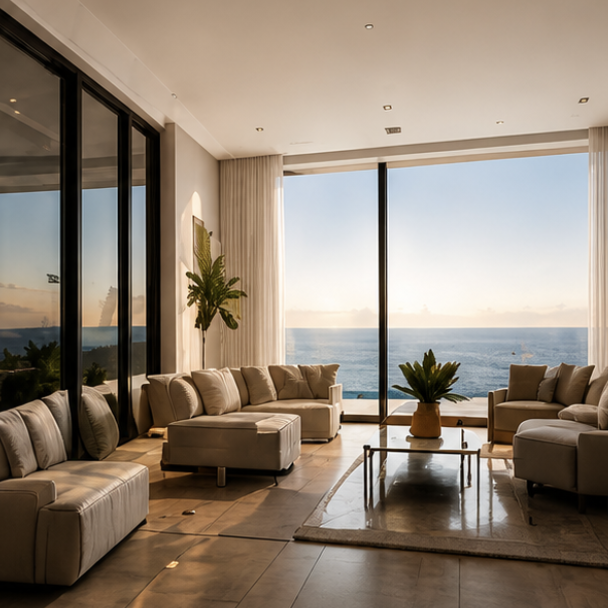 Living room with large glass windows showing ocean view, cream sofas, a coffee table with a plant, and a potted plant on the wall.