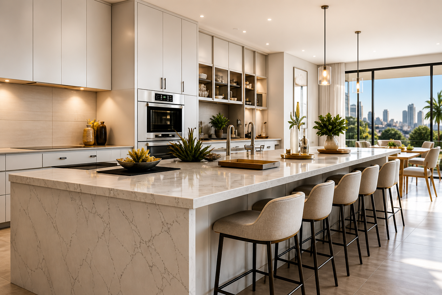 Modern kitchen with white marble island, beige chairs, and large windows showing city skyline and palm trees.