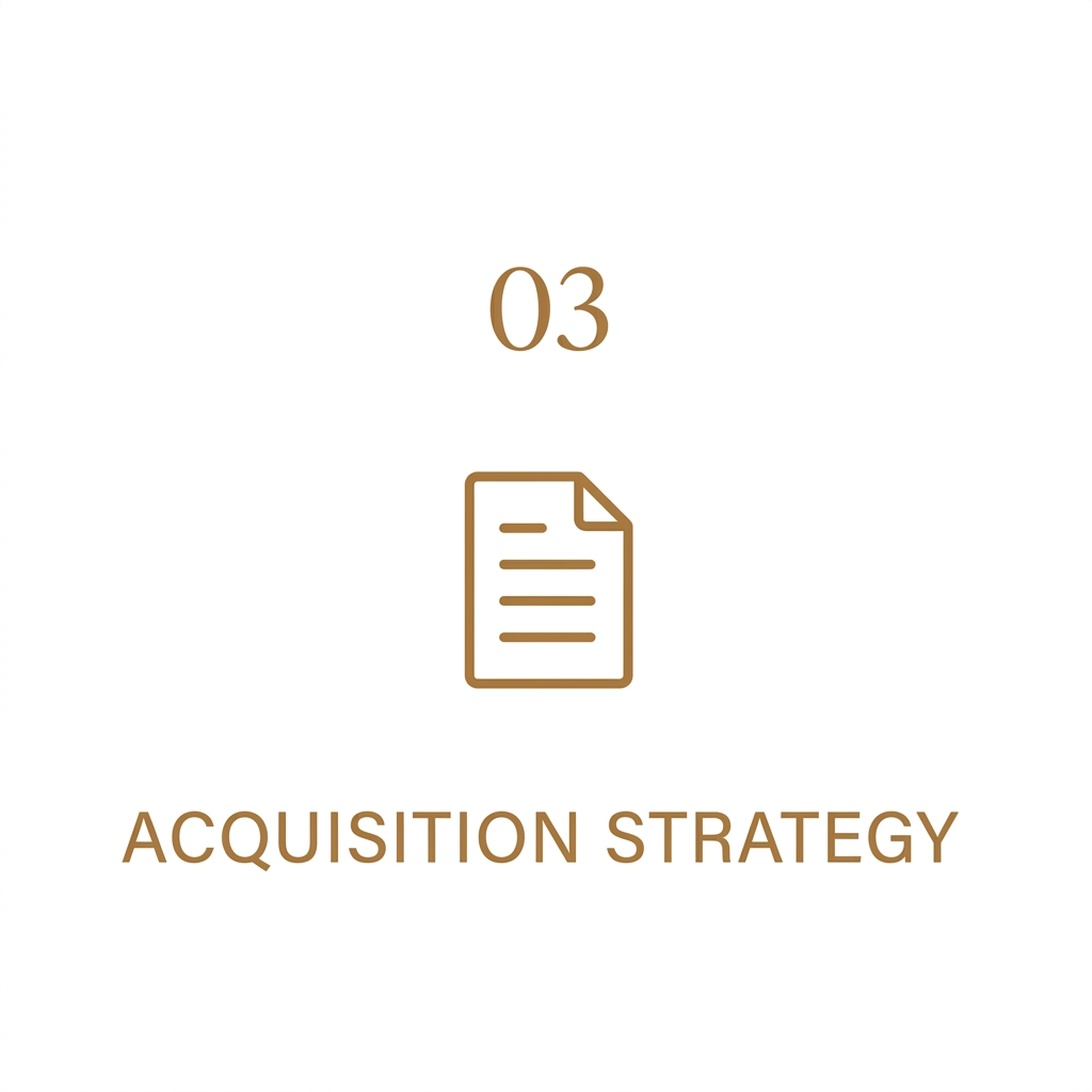 Slide showing the number 03, an icon of a document, and the title 'Acquisition Strategy' in brown text on a white background.