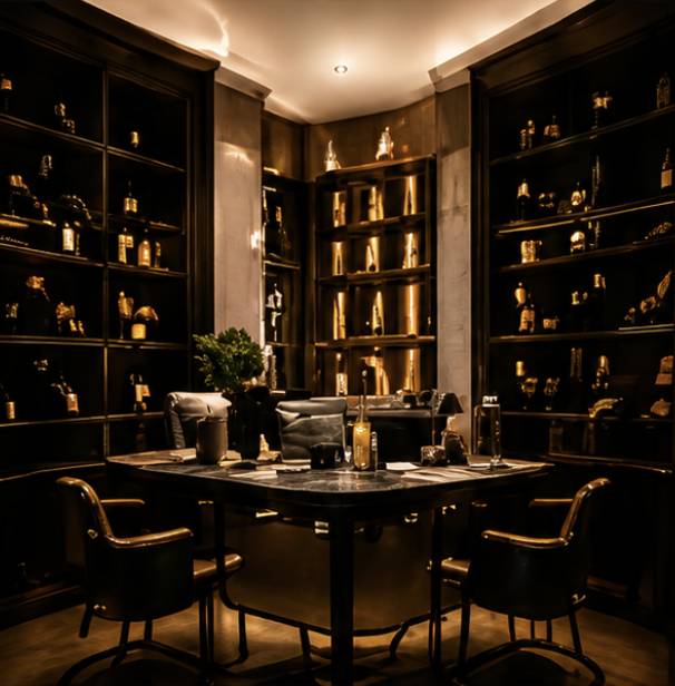 Elegant dining room with dark walls and shelves illuminated by warm lighting, featuring a round table set with glasses and utensils, surrounded by five black chairs, and decorated with plants.