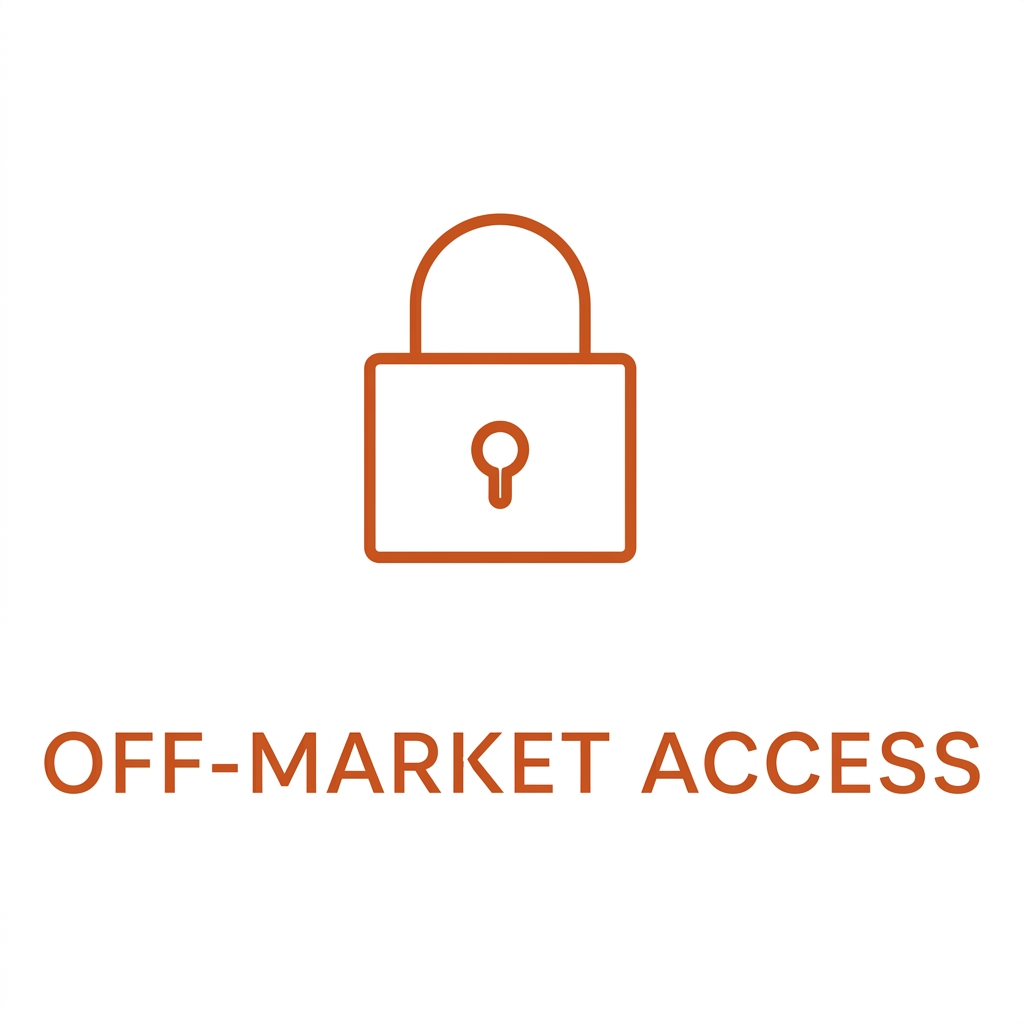 A line drawing of a padlock with the text "OFF-MARKET ACCESS" below it.