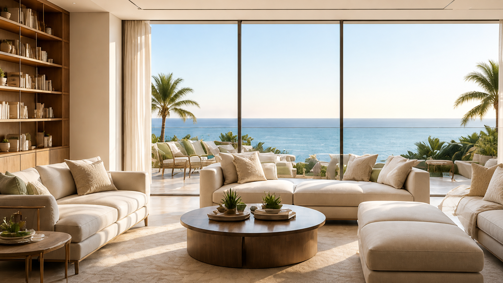 Interior of a modern living room with large glass sliding doors opening to a patio with outdoor seating and a view of the ocean, palm trees, and blue sky