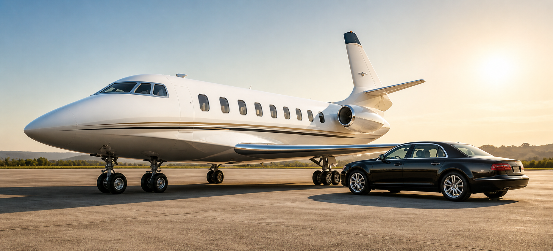 A private jet airplane and a black luxury car parked on an airport tarmac during sunset.