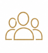 Simple icon of three people outlined in gold, representing a group or community.