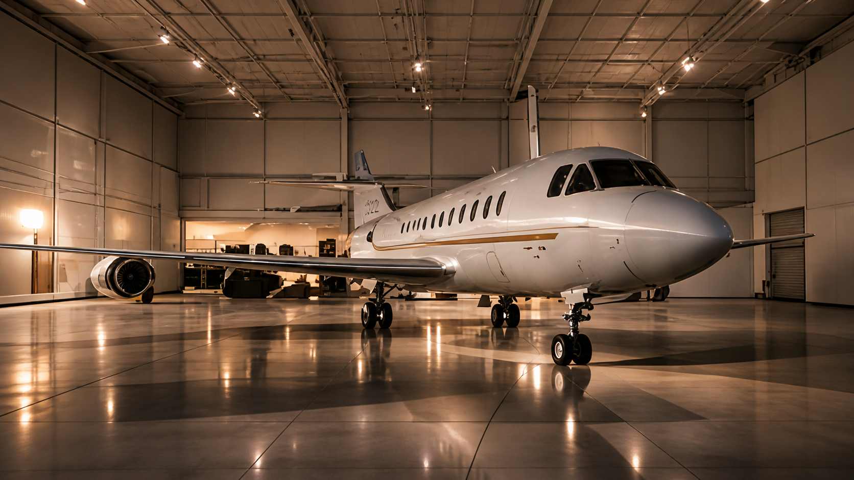 Private jet aircraft inside an aircraft hangar with polished floors and closed hangar doors