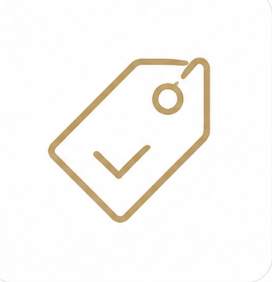 A gold-colored price tag with a check mark on it, set against a white background.