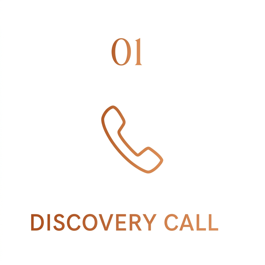 Graphic showing a phone receiver icon with the number 01 above and the words "DISCOVERY CALL" below, all in brown text on a white background.