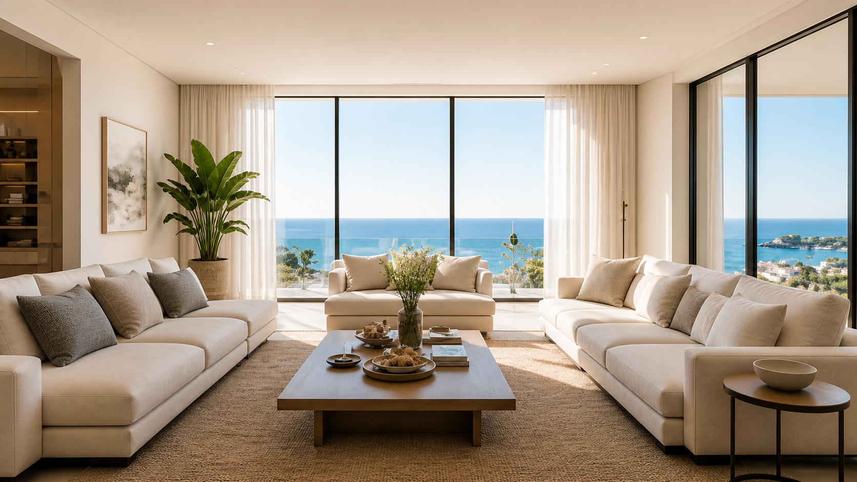 Living room with white sofas, beige cushions, a wooden coffee table with books and flowers, large windows with ocean view, potted plant, artwork on wall, and cream curtains.