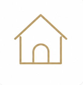 Simple line drawing of a house with a gabled roof and an arched doorway.