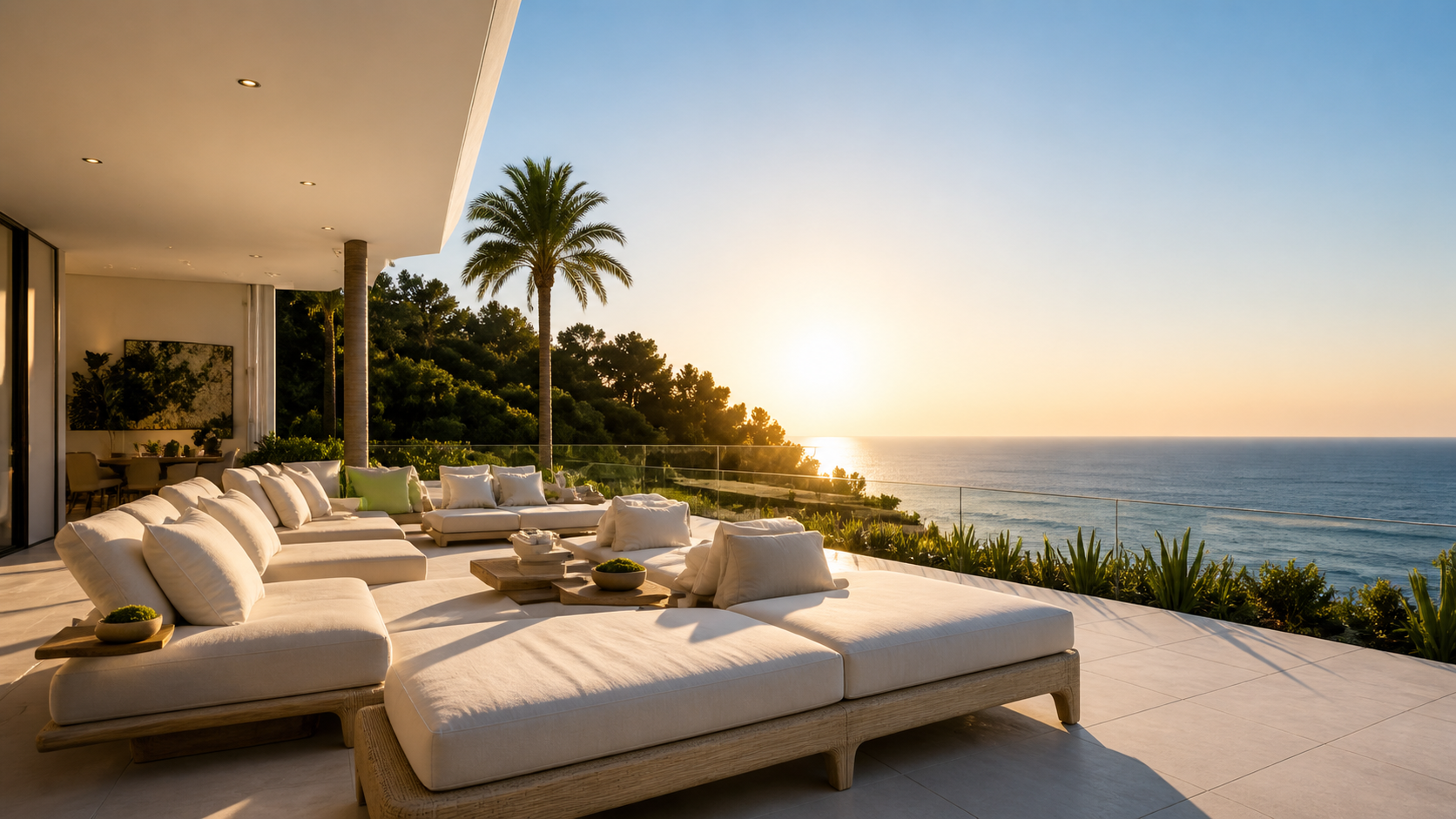 Luxury outdoor lounge area with white cushioned sofas and pillows, overlooking the ocean at sunset, with palm trees and lush greenery in the background.