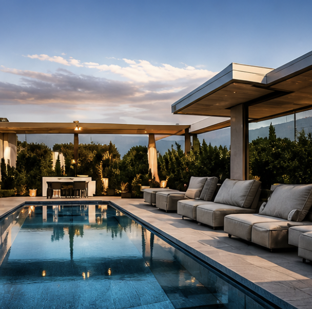 Luxury outdoor pool area with seating and a view of mountains and skyline during sunset.