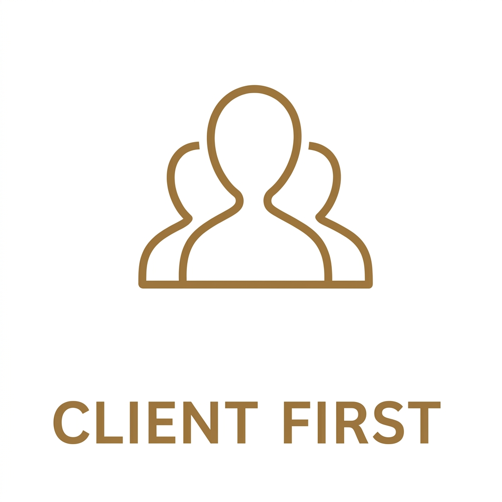 Icon of three outlined people above the text 'Client First' in brown.