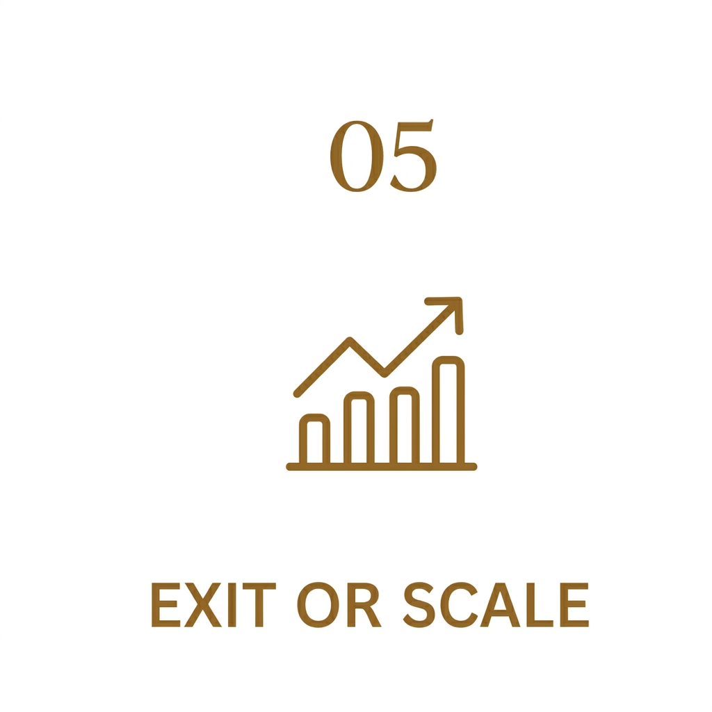 Number 05 with an upward trending bar chart icon below and the words 'EXIT OR SCALE' at the bottom.
