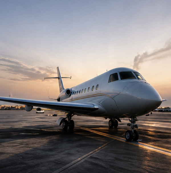 A private jet on the tarmac during sunset.